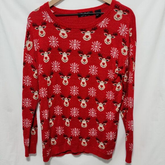 Crystal Kobe Women's Red Sparkle Reindeer Snowflake Christmas  Sweater Large - Picture 1 of 4